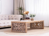 47.2" Rustic Carved Wood Coffee Table Handcrafted Look with Ornate Side Panels, Natural Finish W2729P298156