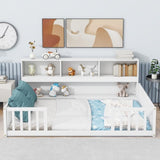 Full Floor Bed with Side Bookcase,Shelves,Guardrails,White W504142775