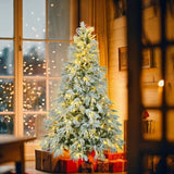 6FT Pre-Lit Spruce Snow Flocked Christmas Tree, Artificial Hinged Xmas Tree with 300 Multi-Color LED N704P199474A