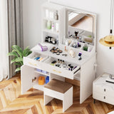 32'' Wide Makeup Vanity Desk with Lighted Mirror and Power Outlet, Dressing Table with Large Storage 13725973