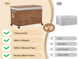 160L 3-Section Laundry with Lid and Wheels, Woven Natural Water Hyacinth Rolling Laundry 22369298