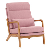 High Back Solid Wood Armrest Backrest Iron Frame Linen Indoor Leisure Chair Pink 73053534