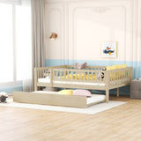 Full Size Wood Daybed with Trundle and Fence Guardrails, Natural WF301863AAN