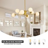 Modern 8-Light Gold Chandelier with White Glass Globe Shades, Mid-Century Branching Design, Elegant W1340P211849