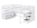 Full Size Loft Bed with Desk and Shelves, Two Built-in Drawers, Storage Staircase, White 48024197