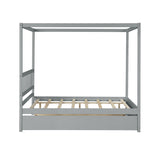 Full Size Canopy Bed with Twin Trundle, Kids Solid Wood Platform Bed Frame w/ Headboard, No Box W69740998