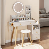 Round Mirror Bedside Cabinet Vanity Table Cushioned Stool, With 2 AC Power 2 USB socket, 17" W936P146695