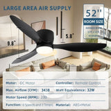 52" Smart Flush Mount black Ceiling Fans with Lights Remote,Quiet DC Motor,Outdoor Indoor Low W2352P316049