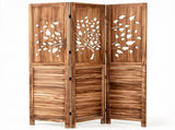 3 Panel Paulownia Wood Folding Room Divider, Tree Leaf Cutout Top & Louvered Lower Panel 43494743