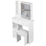 Small Size Left Drawer Desktop Vanity Table Cushioned Stool, Touch Control Sliding LED Mirror, W936P202317