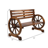 Rustic 2-Person Wooden Wagon Wheel Bench with Slatted Seat and Backrest, 54868560