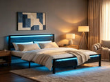 Queen Size Metal Wood Platform Bed Frame, 3-Panel Black Wood Grain Headboard with LED Light & 37766245