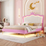 Full Size Upholstered Bed Frame with LED Lights, Modern Upholstered Princess Bed with Crown W2770P190360