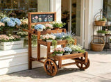 3-Tier Wooden Plant Display Stand, Carbonized Fir Wood Flower Cart with Chalkboard & Rolling Wheels, 65513384