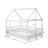 Full Size Floor Wooden Bed with House Roof Frame, Fence Guardrails,White W1858123986