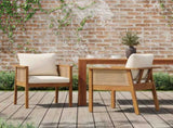 Outdoor Dining Chairs Set of 2, Acacia Wood Patio Armchair with Natural Wickers and Cream Washable N762P403831T