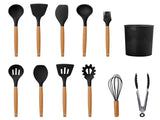 11Pcs Silicone Cooking Utensil Set Heat Resist Wooden Handle Silicone Spatula Ladle Spaghetti Server 04943174