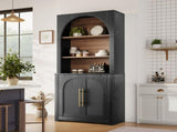 70.87" Black Bookcase, Modern Bookshelf with Large Storage Cabinet, Open Display Shelves and Arched N751P488908B