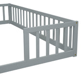 ZNTS Double Twin Floor Bed with Fence, Guardrails, without door, Grey W504P143285