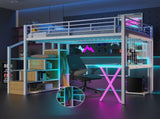 Full Size Metal Loft Bed with Built-in Work Station, Wardrobe, Storage Staircase and LED, White 78792217