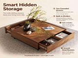 35.43" Square Walnut Finish Coffee Table with Hidden Drawer and Black Base, Modern Large Cocktail W5909P583195