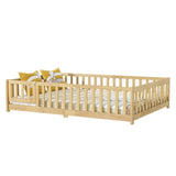 Twin Size Floor Bed with Fence and Door,Rubber Wood Floor Bed with Safety Guardrails,Natural 22789495
