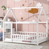 ZNTS Full Size Floor Wooden Bed with House Roof Frame, Fence Guardrails ,White W1791P148196