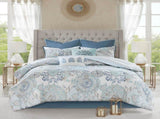 8 Piece Cotton Floral Printed Reversible Comforter Set Blue King B03597066