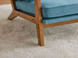 Mid-Century Oak Accent Chair - Linen-Cotton Navy Blue Upholstered Single Lounge Chair, Indoor 88345572