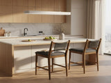 Arno Indoor Upholstered Wooden Counter Stool, Walnut Finish with Charcoal Upholstery and Black Rope, N775P366302B