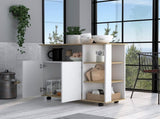 Kitchen Cart 35" H, Four Open Shelves, Double Door Cabinet, Four Casters - Light Oak/White B097133180