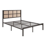 1pc Full Platform Bed, Metal Frame Dark Bronze Finish Faux Cane Panel Headboard Casual Coastal B011P214031