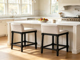 Farmhouse Coastal BarStools Set of 2, Rubberwood Bobbin Legs, Linen-Like Upholstered Bar Stool with W5599P574877
