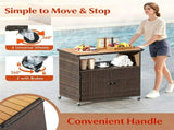 Outdoor Wicker Storage Cabinet, Solid Acacia Wood Patio Bar Cart with Lockable Universal Wheels, 41232191