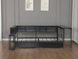 Corner Bed Frame Full Size with Bookcase and 2 Underbed Storage Drawers, Modern Twin Bed with LED W1670P357171