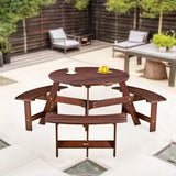 ZNTS Outdoor 6 Person Picnic Table, 6 person Round Picnic Table with 3 Built-in Benches, Umbrella Hole, W2275P149763