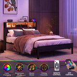 Full Size Bed Frame with Storage Headboard, Metal Platform Bed with Charging Station, Bookcase W840P201068