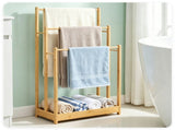 Solid Bamboo Freestanding Towel Rack with 3 Staggered Hanging Bars & Slatted Bottom Storage Shelf, 85528828