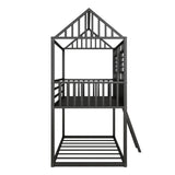 ZNTS Twin over Twin Size Metal Low Bunk Beds with Roof and Fence-shaped Guardrail, Black MF293553AAB