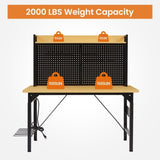 48''Adjustable Workbench with pegboard, Heavy Duty Wooden Desktop Workbench with Wheels, 1600 lb. 00789483