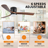 42 inch Black Wood Ceiling Fans Lights and Remote, Modern Flush Mount Low Profile Ceiling Fan W2352P154687