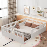 ZNTS Full Floor Bed Frame with Fence, Wood Kids Floor Beds Frame for Bedroom Playroom,White W2593P164750