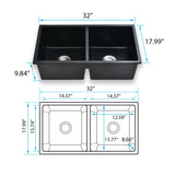 32" L X 18" W Double Bowl Undermount Kitchen Sink With Basket Strainer JYGAD6688MB