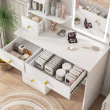 White dressing table, mirror and LED light, 5-drawer dressing table, movable and hidden mirror, 25456089
