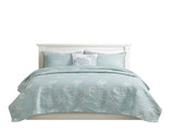 4 Piece Cotton Reversible Embroidered Quilt Set with Throw Pillow Aqua King/Cal King B03595791
