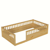 ZNTS Twin Floor Bed Frame with Fence, Wood Kids Floor Beds Frame for Bedroom Playroom,Natural W2593P164749