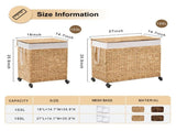 160L 3-Section Laundry with Lid and Wheels, Woven Natural Water Hyacinth Rolling Laundry 28759343