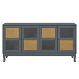 Retro 4-Door Sideboard with Large Storage Space Artificial Rattan Doors and Transparent Glass, W2696P256247