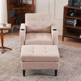 Beige Upholstered Armchair and Storage Ottoman Set - Comfortable Single Sofa with Cup Holders and 26067518