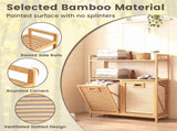 32 Inch Double Compartment Bamboo Laundry Organizer Freestanding Cabinet, Raised Guardrail Top Shelf 52897396